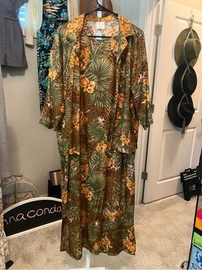 Tropical Floral Sleeveless Maxi Dress with shirt Jacket - Green & Mustard